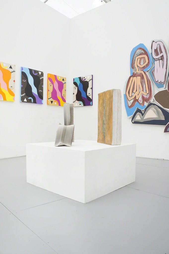 Installation view of booth B6. Caris Reid (paintings left), Justine Hill (paintings right), Nikolai Ishchuk (sculptures). Installation view of booth B6. Caris Reid (paintings left), Justine Hill (paintings right), Nikolai Ishchuk (sculptures).