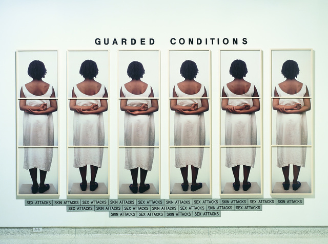 Lorna Simpson, ‘Guarded Conditions’, 1989, Mixed Media, 18 color Polaroid prints, 21 engraved plastic plaques, and plastic letters, Museum of Contemporary Art San Diego