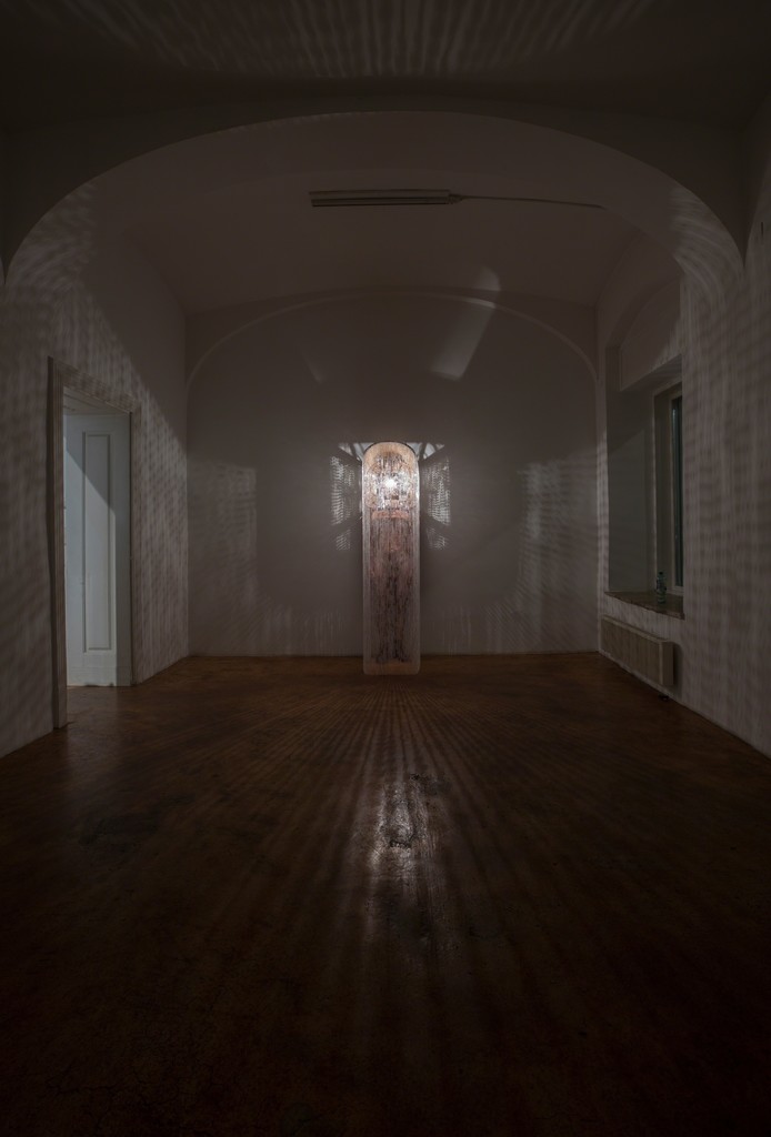 The Fitting Room, 2018, Sculpture/Performance/Installation, Un upholstered chair with light fixture and wedding beads, 46 x 48 x 209 cm The Fitting Room, 2018, Sculpture/Performance/Installation, Un upholstered chair with light fixture and wedding beads, 46 x 48 x 209 cm