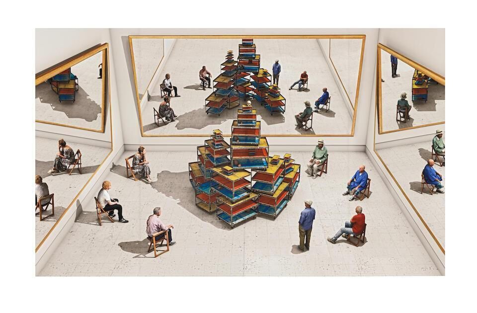 David Hockney - Viewers Looking at a Ready-made with Skull and Mirrors