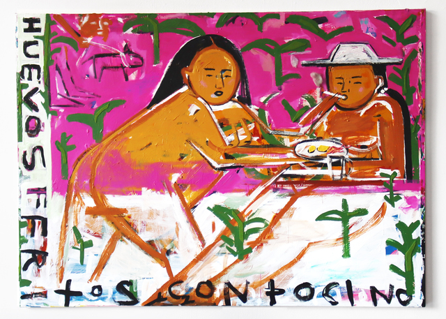 Monica Kim Garza, ‘At a café in Mexico’, 2019, Painting, Acrylic, Felt, Oil Pastel, Yarn, Wool on canvas, New Image Art