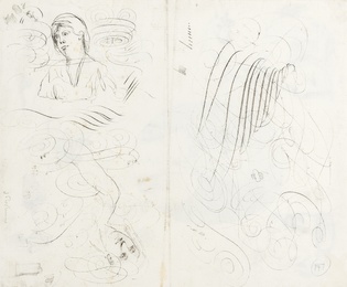 An oval half-length portrait of a gentleman, surrounded by head and figure studies (recto); calligraphic pen studies intertwined with three heads (verso)
