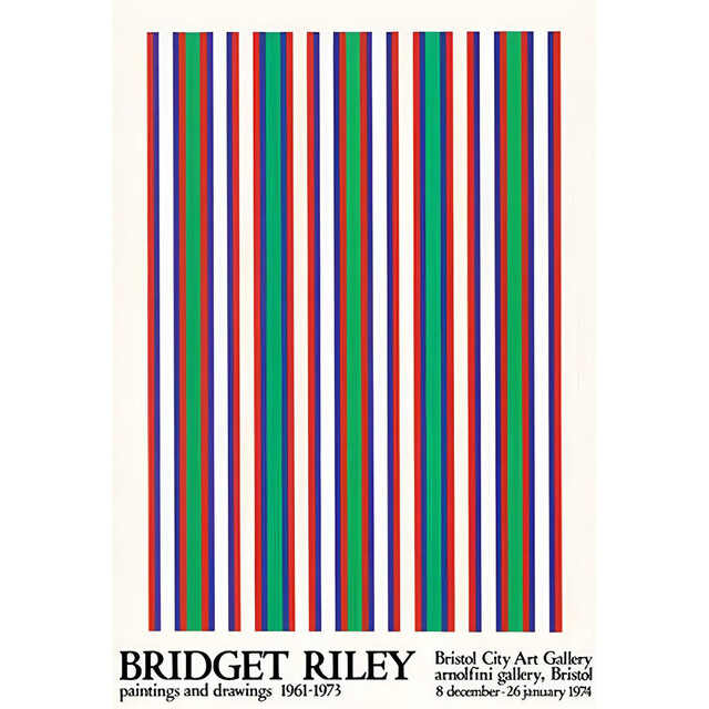 Poster with Bridget Riley's artwork featuring vertical stripes in red, green, and blue on a white background.