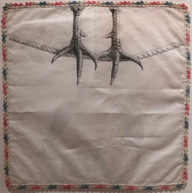 Constance Edwards Scopelitis, ‘God is in Clean Laundry: Chicken Feet’, 2019, Drawing, Collage or other Work on Paper, Carbon on vintage handkerchief, Garvey | Simon