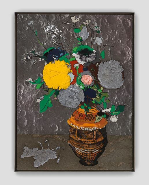 Matthew Day Jackson, ‘Flowers in a sculpted vase ’, ca. 2019, Painting, Formica, silkscreen, acrylic paint on epoxy resin, oil paint, lead on panel, stainless steel frame, Hauser & Wirth