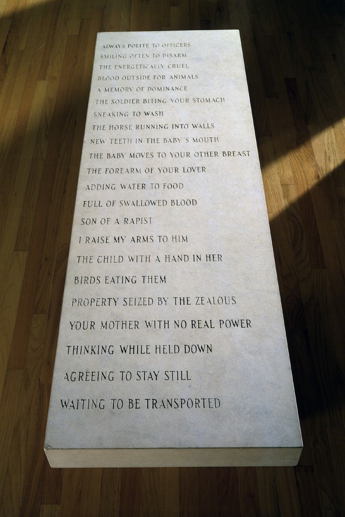 Jenny Holzer
Memorial Bench I: Always polite to officers…, 1996 (detail)
© 1996 Jenny Holzer, member Artists Rights Society (ARS), NY
Jenny Holzer
Memorial Bench I: Always polite to officers…, 1996 (detail)
© 1996 Jenny Holzer, member Artists Rights Society (ARS), NY