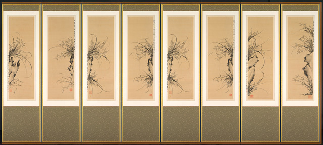 Yi Ha-eung, ‘Orchids and Rocks’, 1897-98, Eight-panel folding screen; ink on silk, Cleveland Museum of Art