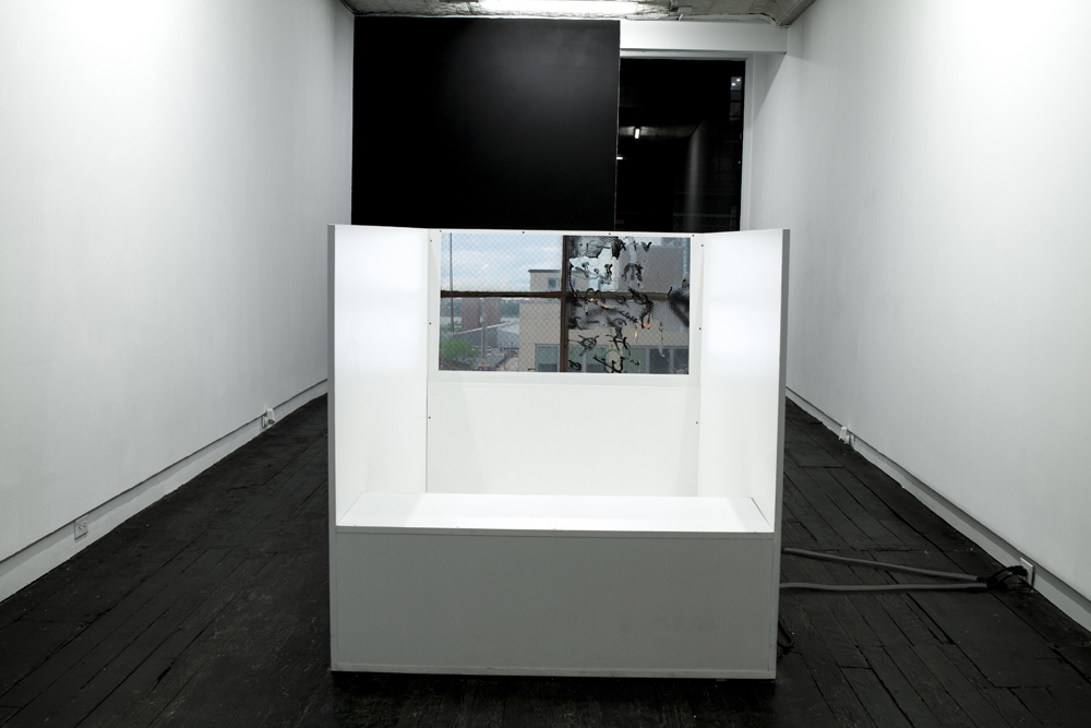 Installation view of "Delusion Through Details" at LMAKgallery
Work on view "Discern in Reverse", 2016
Press board, Formica, two video projections, 2 HD media players, 4 self-powered Yamaha speakers, 2 HD projectors, 2 grip bars, sound-proofing foam, tropical fresh air freshener
144 x 48 x 48 inches
Edition of 3, 1 AP Installation view of "Delusion Through Details" at LMAKgallery
Work on view "Discern in Reverse", 2016
Press board, Formica, two video projections, 2 HD media players, 4 self-powered Yamaha speakers, 2 HD projectors, 2 grip bars, sound-proofing foam, tropical fresh air freshener
144 x 48 x 48 inches
Edition of 3, 1 AP