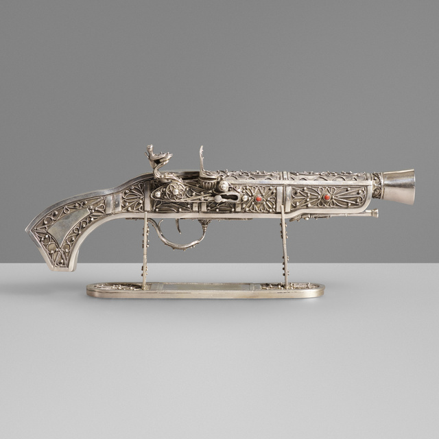 ‘Sterling silver flintlock pistol model’, c. 1965, Design/Decorative Art, Sterling silver, red coral gemstone, Rago/Wright