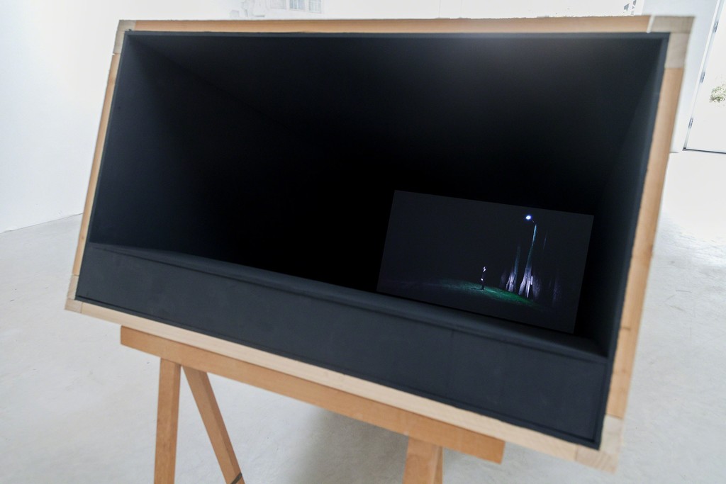 exhibition view: „There and Back“ (front), 2014 | Video, HD, loop, with audio, projection in box, collaboration with Mario Marchisella | image: ©dasesszimmer exhibition view: „There and Back“ (front), 2014 | Video, HD, loop, with audio, projection in box, collaboration with Mario Marchisella | image: ©dasesszimmer