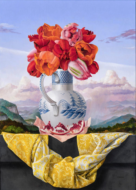 James Aponovich, ‘Still Life with Tulips and Pomegranate’, 2019, Painting, Oil on canvas, Clark Gallery