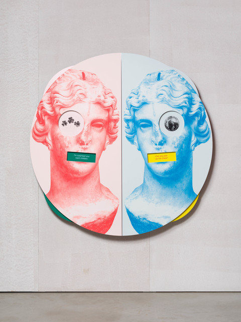 Kathryn Andrews, ‘Wheel of Foot in Mouth No. 3 (Song of Sappho)’, 2019, Installation, Aluminium, stainless steel, paint, ink, magnets, KÖNIG GALERIE