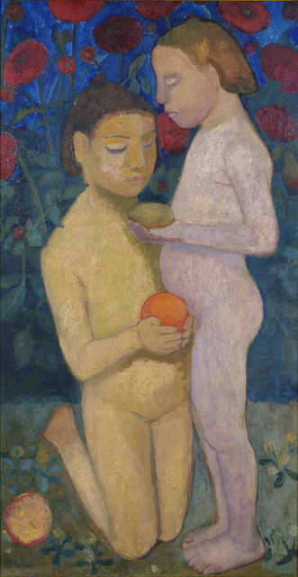 Paula Modersohn-Becker, ‘Stehender und kniender Mädchenakt vor Mohnblumen II (Kneeling and Standing Girls Nude, Poppies in the Background II)’, 1906, Louisiana Museum of Modern Art