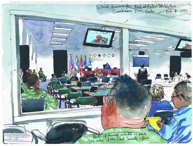 Steve Mumford, ‘2/4/13, Pretrial hearing for Abd al Rahim al Nashiri, Guantanamo Bay, Cuba’, 2013, Drawing, Collage or other Work on Paper, Ink and wash on paper, Postmasters Gallery
