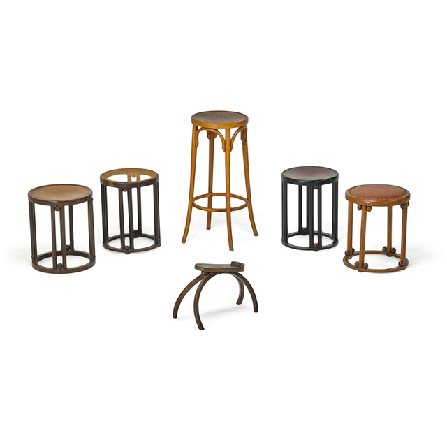 Josef Hoffmann, ‘J. & J. Kohn, Five Stools (Most By J. & J. Kohn) And One Shoe Stand, Austria’, ca. 1905, Design/Decorative Art, Beech, Enameled and Stained Beech, Leather, Wicker, Brass, Rago/Wright