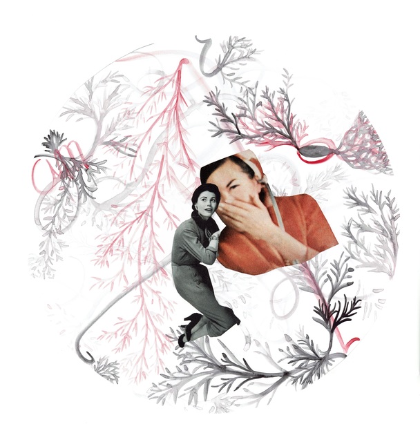 Laura Dunkin-Hubby, ‘Secrets II in Pink - Patterned Intricate Collage, with Found Image of Female Figures with Red, Black and White Colors’, 2018, Drawing, Collage or other Work on Paper, Acrylic Paint and Found Image Collage, Gallery 1202