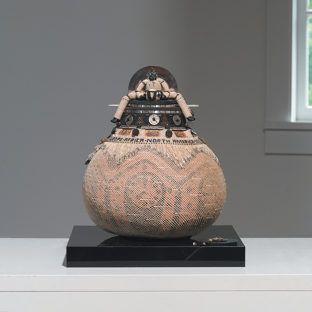 Judy Mulford, ‘It's A Small World, Isn't It’, 2000, Sculpture, Gourd, waxed linen, fine silver, antique buttons, Japanese coins, beads and antique necklace from Kyoto flea market, pearls from Komodo Island, photo transfers, pounded tin can lids, Peruvian beads, paper, dye, paint; knotting and looping., browngrotta arts