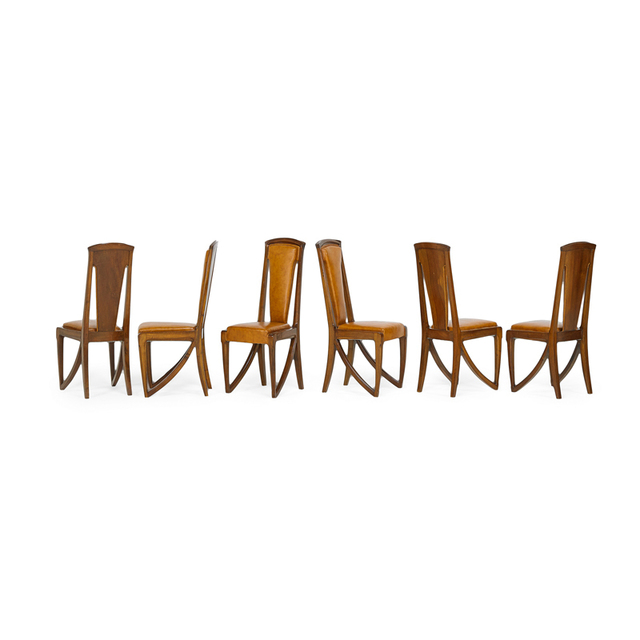 Louis Majorelle, ‘Set Of Six Dining Chairs, France’, ca. 1900, Design/Decorative Art, Carved And Stained Walnut, Leather, Rago/Wright