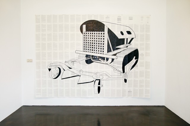 Installation overview with 'Tree Scissors'. A drawing of a tree cutting machine, made on the pages of the last chapter of Naomi Klein's 'This Changes Everything: Capitalism vs. the Climate' (2014) Installation overview with 'Tree Scissors'. A drawing of a tree cutting machine, made on the pages of the last chapter of Naomi Klein's 'This Changes Everything: Capitalism vs. the Climate' (2014)