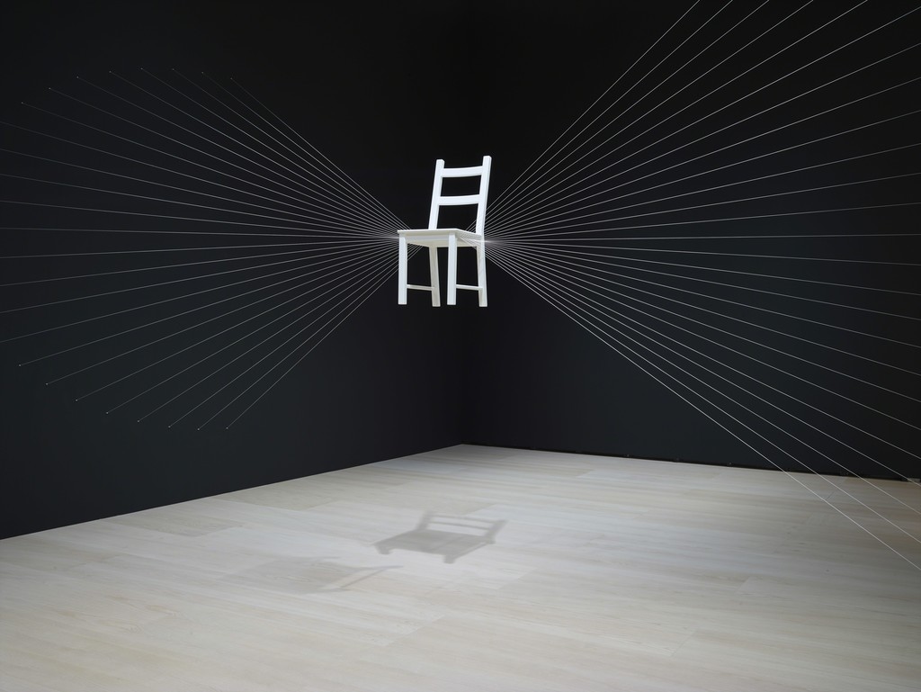 Esther Ferrer
Suspended Chairs series (Serie Sillas suspendidas), 2000/2018
Black paint, white thread, and wooden chair
Site-specific dimensions
Esther Ferrer archive
© Esther Ferrer, VEGAP, Bilbao, 2018
Photo: Erika Ede Esther Ferrer
Suspended Chairs series (Serie Sillas suspendidas), 2000/2018
Black paint, white thread, and wooden chair
Site-specific dimensions
Esther Ferrer archive
© Esther Ferrer, VEGAP, Bilbao, 2018
Photo: Erika Ede