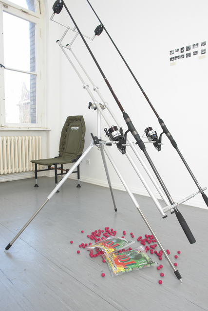 Tue Greenfort, ‘Carp evolution - Revolution’, 2006, Installation, Rod hoder, bait for fish, 2 fishing rots, KÖNIG GALERIE