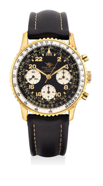 Breitling, ‘A fine yellow gold-plated stainless steel chronograph wristwatch with black gilt dial, tachymeter scale and slide rule bezel’, Circa 1970, Phillips
