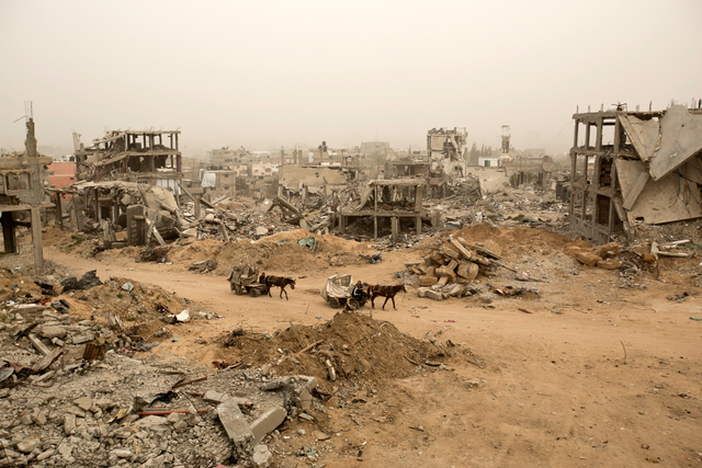 Agence France-Presse, ‘Palestinians ride donkey carts during a sandstorm next to buildings destroyed during Operation Protective Edge (Tsuk Eitan), the 50-day war between Israel and Hamas-led militants, in al-Shejaiya neighborhood in Gaza City’, 2015, Ronald Feldman Gallery