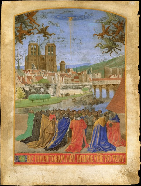 Jean Fouquet, ‘The Right Hand of God Protecting the Faithful against the Demons’, ca. 1452–1460, Drawing, Collage or other Work on Paper, Tempera and gold leaf on parchment, The Metropolitan Museum of Art