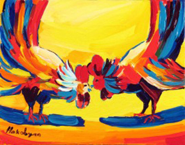 Harout Hakobyan, ‘Two Roosters’, ca. 2000, Painting, Oil on Canvas, Janus Galleries
