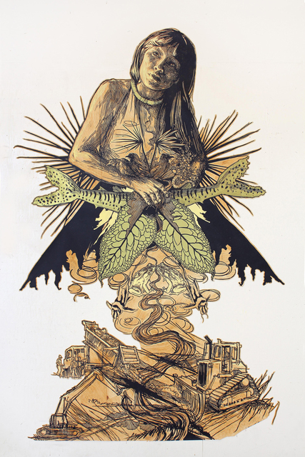Swoon, ‘Kamayura’, 2013, Mixed Media, Block print, hand printed on mylar with coffee stain and hand painting, Allouche Gallery