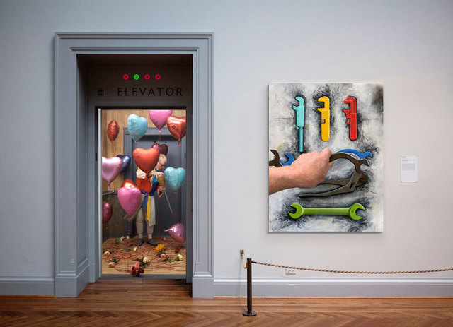Gregory Scott, ‘Elevator’, 2019, Mixed Media, Pigment print, objects on panel, and UHD video, Catherine Edelman Gallery
