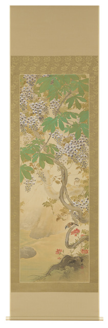 Hirose Touho, ‘Hanging Scroll, Wisteria and Sparrows (T-3797)’, Taisho era (1912 to 1926)-1920s, Painting, Ink and mineral colors on silk., Thomsen Gallery