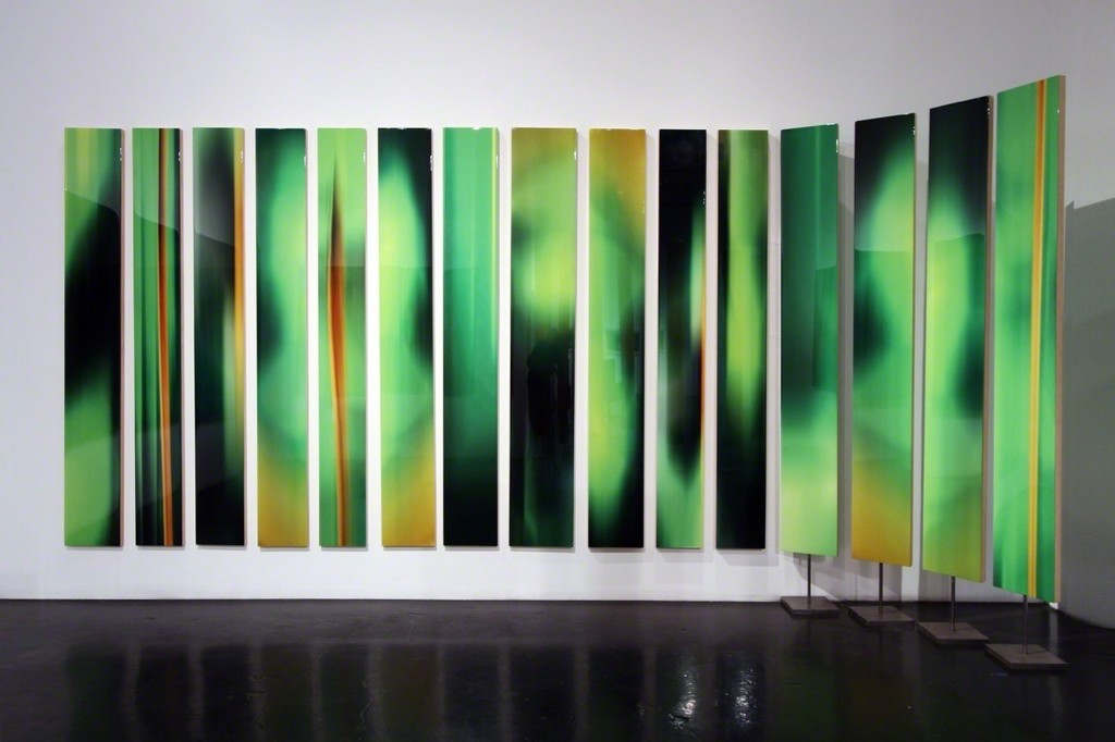 Michel Tabori, Abstract Forest, 2017, Oil, acrylic, resin, canvas on maple panel, 84” x varying widths, $5,500 each ($6,500 each for two-sided panels mounted on steel bases) Michel Tabori, Abstract Forest, 2017, Oil, acrylic, resin, canvas on maple panel, 84” x varying widths, $5,500 each ($6,500 each for two-sided panels mounted on steel bases)