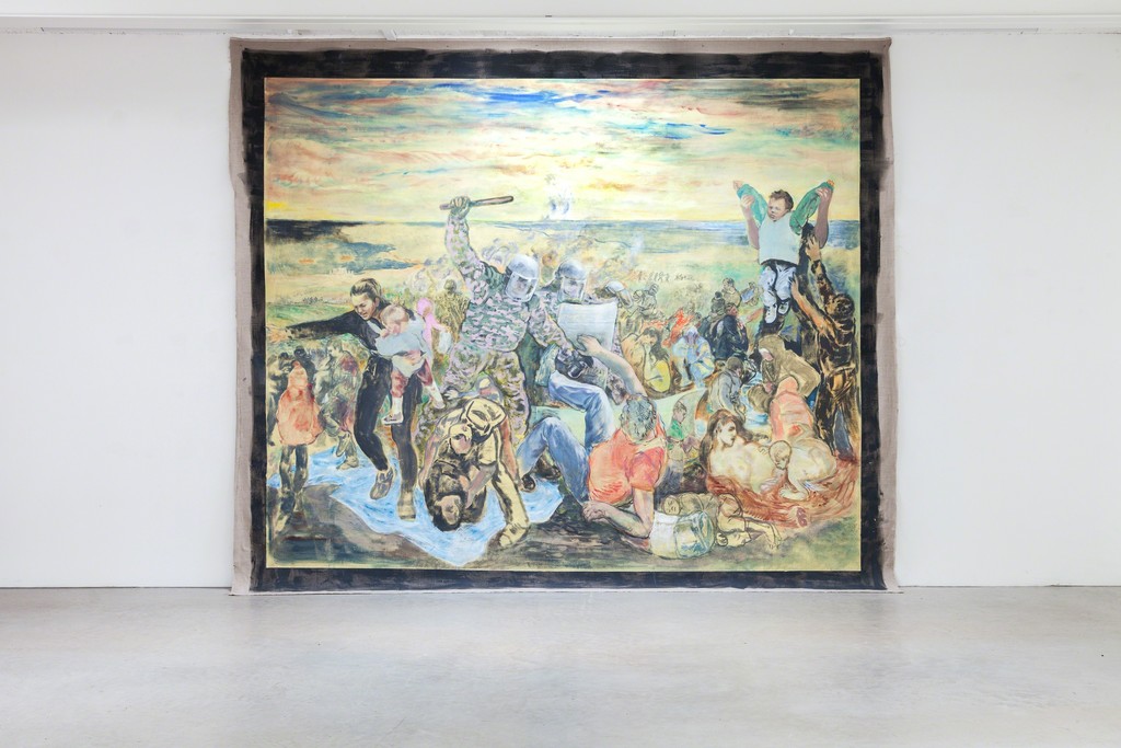 exhibition view: „Chios-Idomeni 1824-2016“, 2016 | acryl on canvas, 300 x 325 cm, Stijn Peeters | image: ©dasesszimmer exhibition view: „Chios-Idomeni 1824-2016“, 2016 | acryl on canvas, 300 x 325 cm, Stijn Peeters | image: ©dasesszimmer