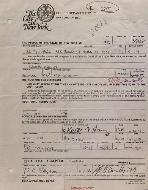 Keith Haring Nypd Arrest Report Criminal Mischief 1982 Artsy