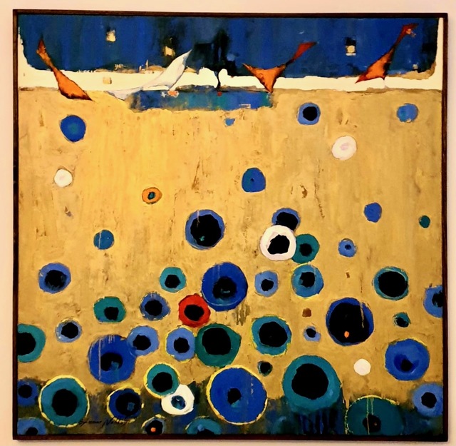 Ammar Alnahhas, ‘Birds on a gold field’, 2020, Painting, Mixed technique oil and acrylic and special sculpture paste, Renaissance Art Gallery