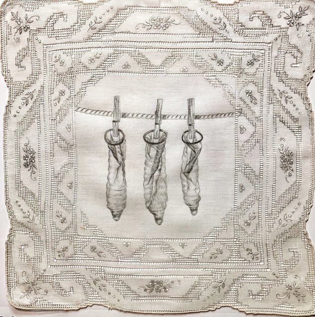 Constance Edwards Scopelitis, ‘God is in Clean Laundry: Wash and Wear’, 2019, Drawing, Collage or other Work on Paper, Carbon on vintage handkerchief, Garvey | Simon