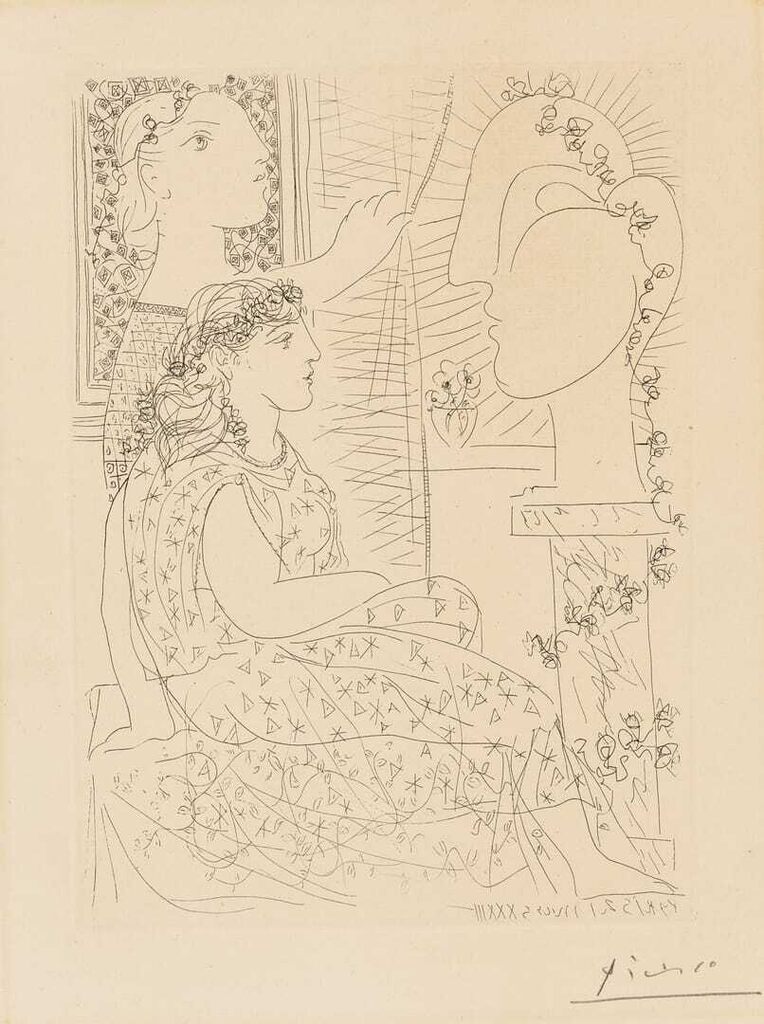 Pablo Picasso - Deux femme regardant une tete sculptée, from: La Suite Vollard