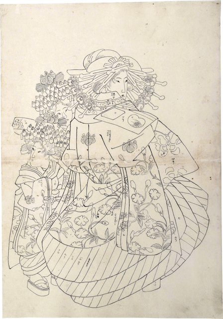Teisai Sencho, ‘Preparatory Drawing of an Oiran Wearing an Uchikage Decorated with Blossoms and Butterflies, with Two Kamuro’, ca. 1830, Drawing, Collage or other Work on Paper, Sumi ink on paper, Scholten Japanese Art