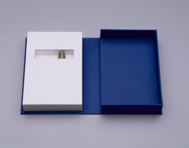 Ann Hamilton, ‘cinder’, 1999, Sculpture, Silver thimble photo-etched with test of Susan Stewart's poem "Cinder," and bookbinders clamshell box, Elizabeth Leach Gallery