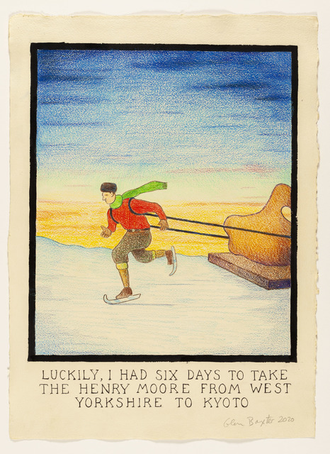 Glen Baxter, ‘Luckily, I had Six Days to Take the Henry Moore from Yorkshire to Kyoto’, 2020, Drawing, Collage or other Work on Paper, Ink & crayon on paper, Flowers