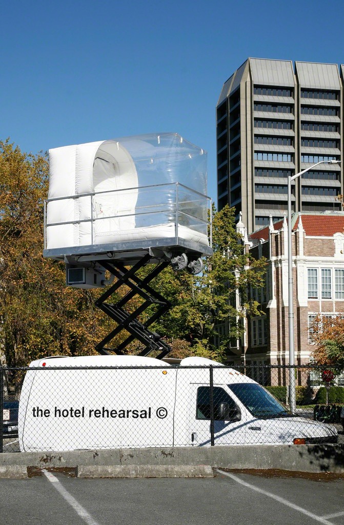 Alex Schweder
The Hotel Rehearsal, 2013
Van, scissor lift, inflatable room, guests
20 x 8 x 30 ft.
Courtesy of the artist
Photo: Mark Woods Alex Schweder
The Hotel Rehearsal, 2013
Van, scissor lift, inflatable room, guests
20 x 8 x 30 ft.
Courtesy of the artist
Photo: Mark Woods
