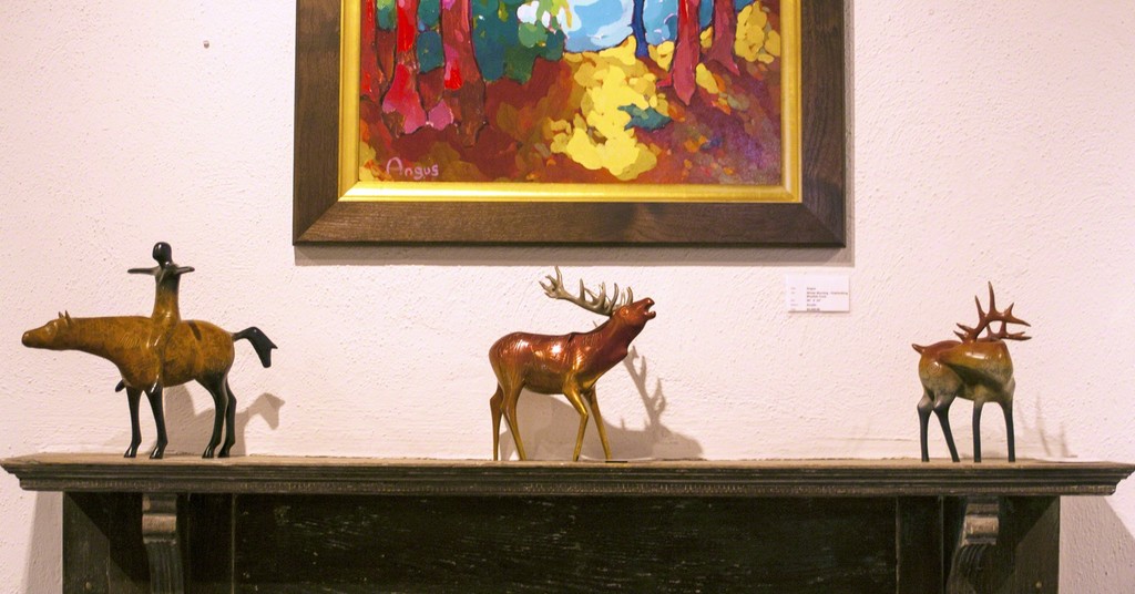 Bronzes by Tobey from left to right: Freedom, Red Stag and Evergreen Elk. Angus painting is hung above sculpture. Bronzes by Tobey from left to right: Freedom, Red Stag and Evergreen Elk. Angus painting is hung above sculpture.
