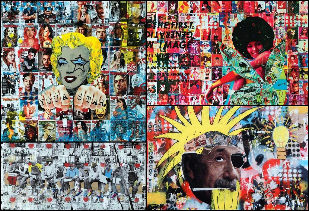 Greg’s art has evolved into a mixed media style comprising multiple layers, pop culture imagery, graffiti, collage, photography and resin. Top Row (Left to Right): ‘You A Star’, 2016, ‘Be First’, 2016; Bottom Row (Left to Right): ‘NYC Lunchin’, 2017; ‘Think Punk’, 2018 Greg’s art has evolved into a mixed media style comprising multiple layers, pop culture imagery, graffiti, collage, photography and resin. Top Row (Left to Right): ‘You A Star’, 2016, ‘Be First’, 2016; Bottom Row (Left to Right): ‘NYC Lunchin’, 2017; ‘Think Punk’, 2018
