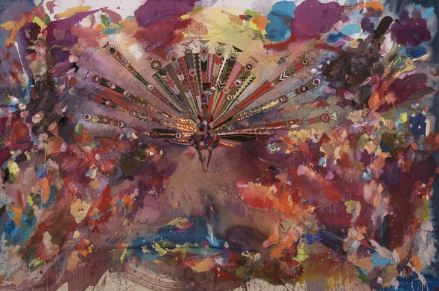 Yassine Mekhnache, ‘The Conference of the Birds - Crystal Peacock’, 2016, Mixed Media, Hand embroidery with Swarovski crystals, ink and oil on canvas, Opera Gallery