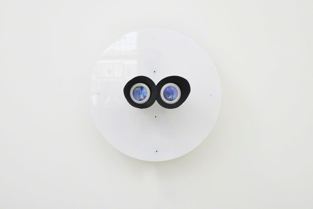 Gary Hill, Self B, Wall mounted white acrylic sculpture, 2 color video cameras, electronics and optics, 2016 Gary Hill, Self B, Wall mounted white acrylic sculpture, 2 color video cameras, electronics and optics, 2016