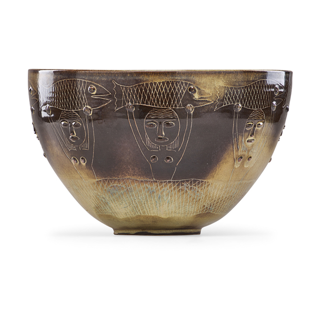 Edwin Scheier, ‘Fine large early bowl with figures and fish, New Hampshire’, 1960s, Rago/Wright