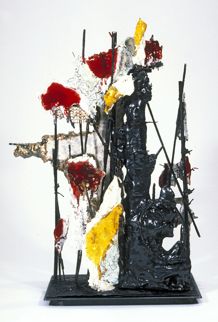 Raymon Elozua, ‘Dek2/Gor2/Sti2/Kli7>HP:LSU’, 1999, Sculpture, Terra cotta, glaze, steel rod and plate, Ferrin Contemporary