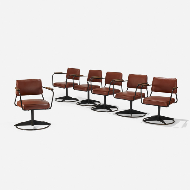 After Jean Prouve, ‘Set of Six Armchairs’, c. 1995, Design/Decorative Art, Vinyl, enameled steel, walnut, Rago/Wright