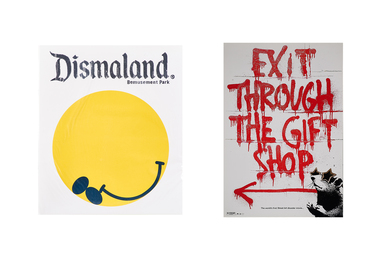Dismaland Bemusement Park program, 2015 and Exit Through the Gift Shop poster, 2010